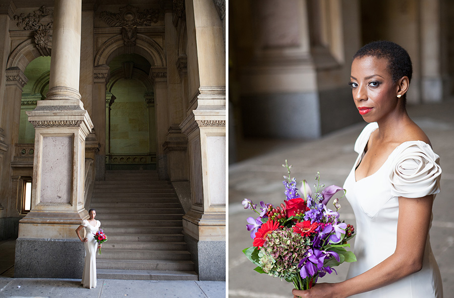 Bride with bright bouquet at City Hall by Heidi Roland Photography