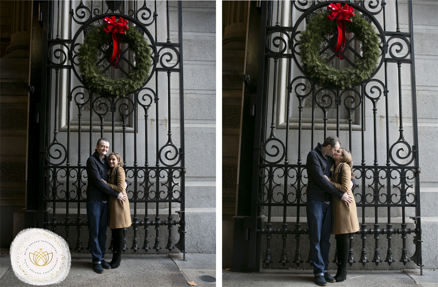 holiday engagement session, city hall philadelphia, laughing couple portrait, winter portrait, heidi roland photography , holiday wreath, city hall philadelphia