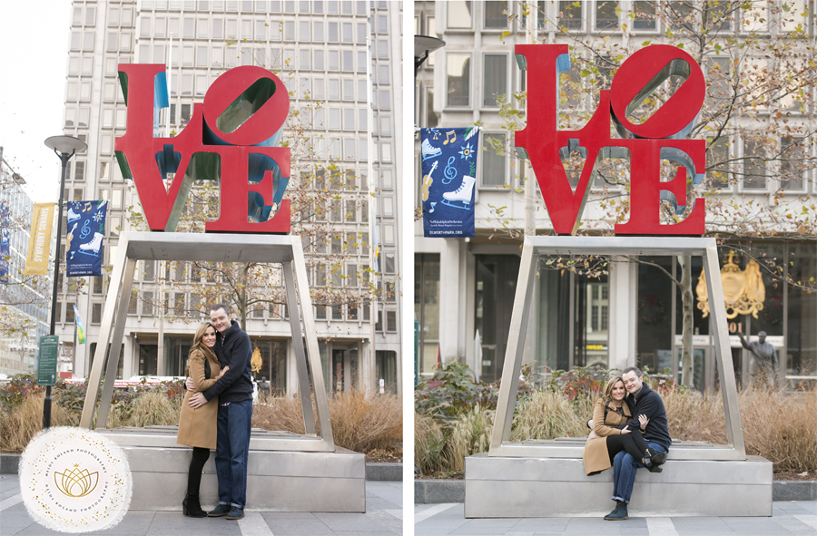 holiday engagement session, city hall philadelphia, laughing couple portrait, winter portrait, heidi roland photography , love statue 