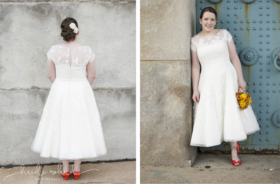 Intimate race street pier wedding, Heidi Roland Photography, Benjamin Franklin Bridge, tea length wedding dress