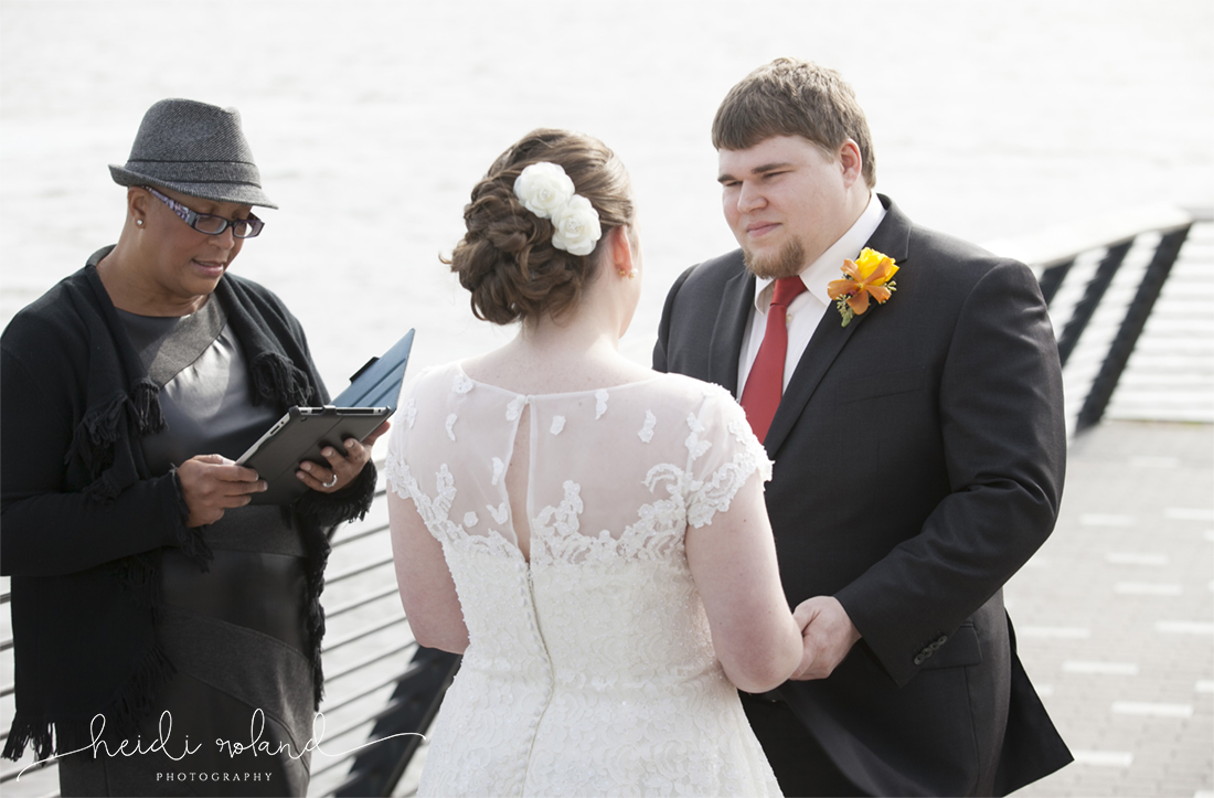 intimate race street pier wedding, outside wedding ceremony, vintage wedding dress, vows