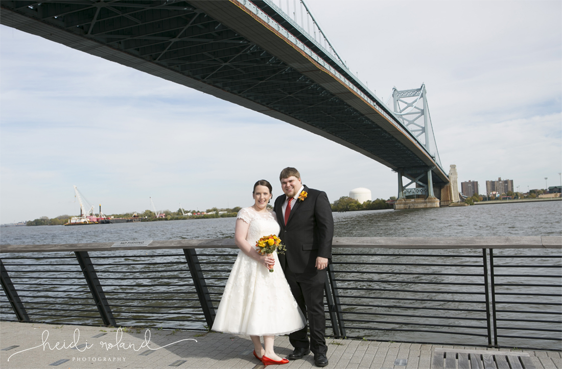 Intimate race street pier wedding, Delaware River, Benjamin Franklin Bridge, Philadelphia PA Wedding, bride and groom portraits