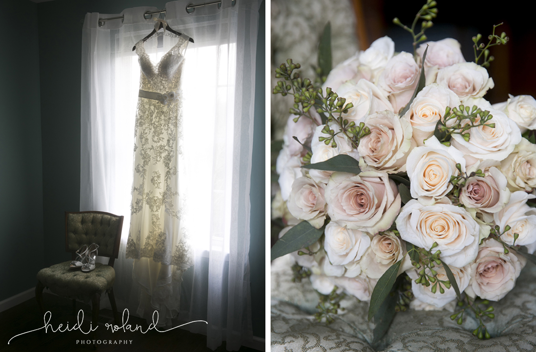 White Manor Country Club, Heidi Roland Photography, wedding dress in window, wedding flowers