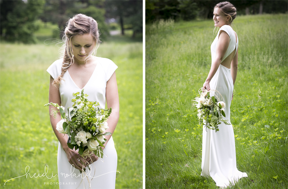 awbury arboretum wedding, bride and bouquet in field