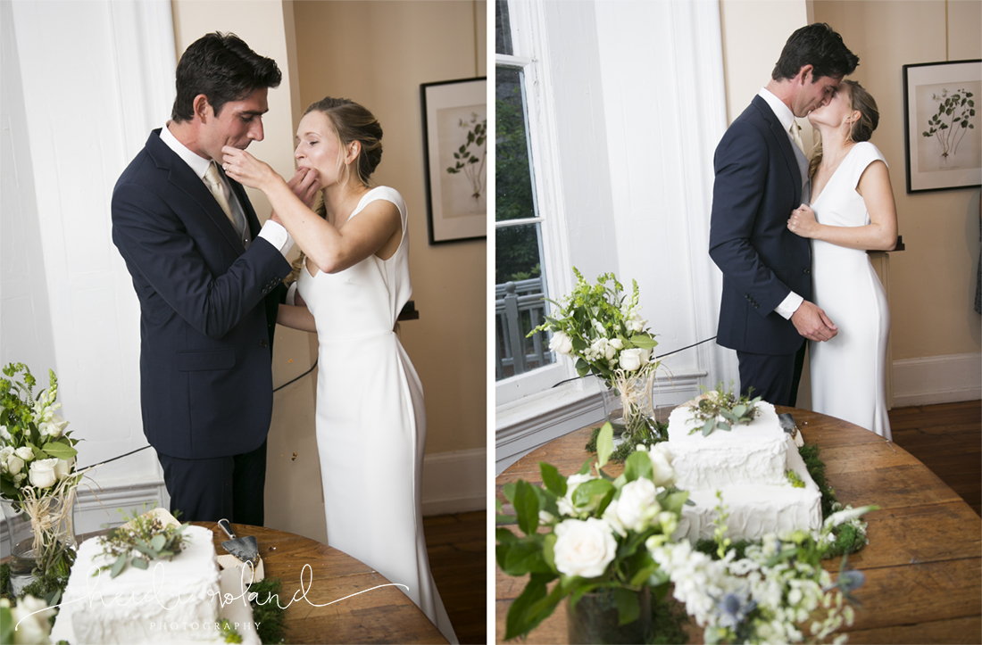 awbury arboretum wedding, cake cutting and kiss