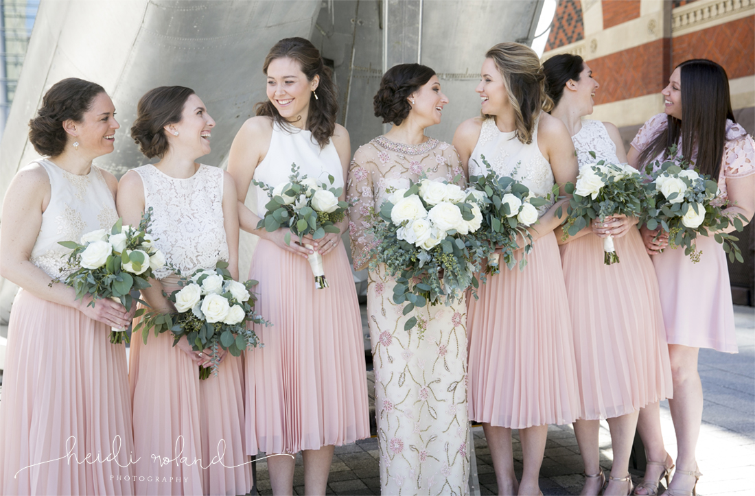 Heidi Roland Photography, spring bridesmaids portraits, pink dresses, Pennsylvania Academy of the Fine Arts