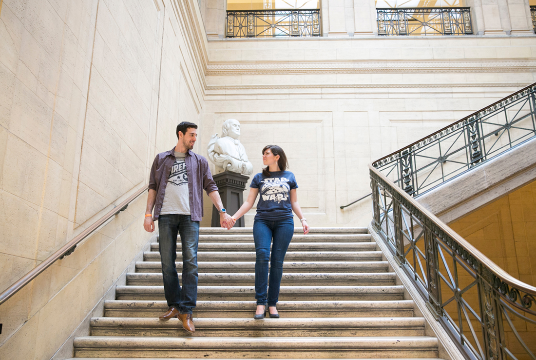 franklin institute engagement, couple on stairway pose, star wars