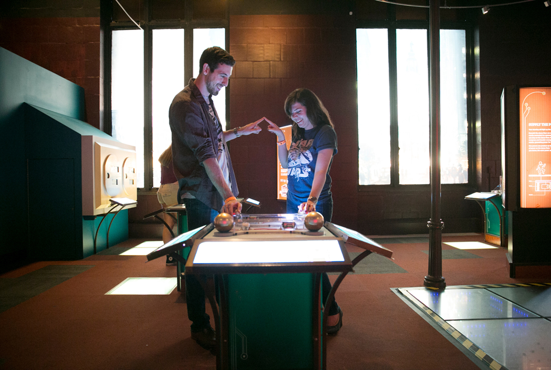 franklin institute engagement, couple portrait in museum electricity 