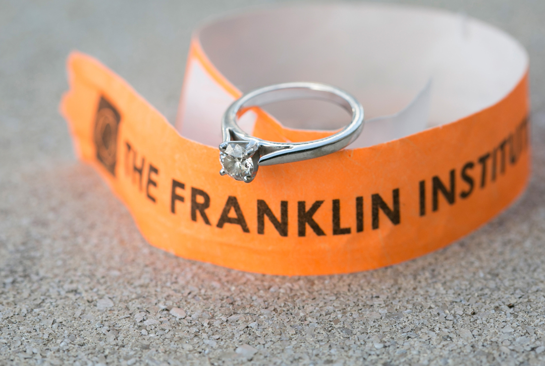 franklin institute engagement, ring shot, heidi roland photography
