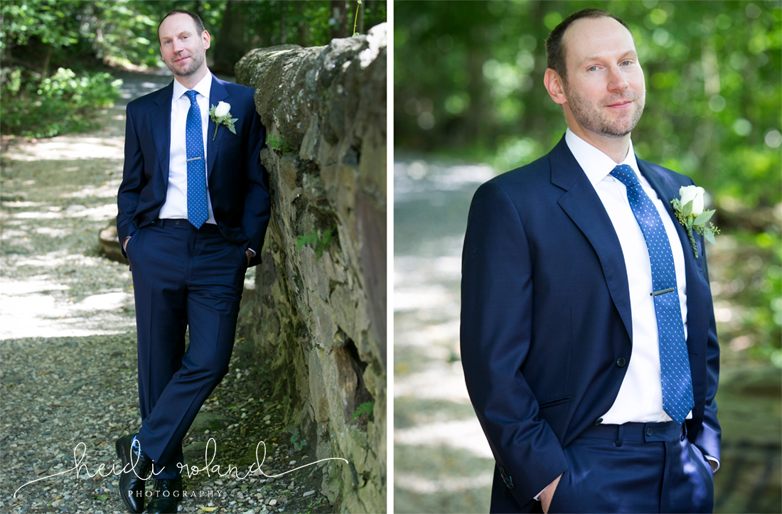 Valley Green Inn Wedding, groom portraits in the forrest with stone wall