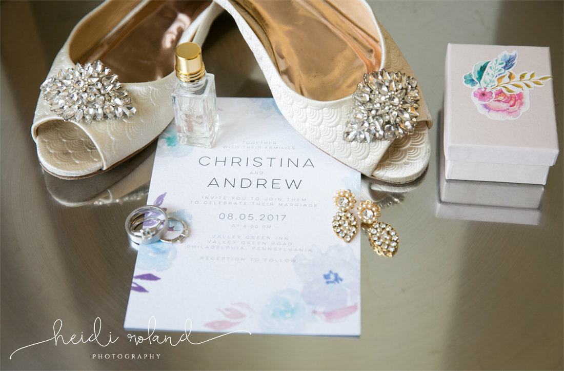 Valley Green Inn Wedding, getting ready bride details, shoes, perfume, invitation 