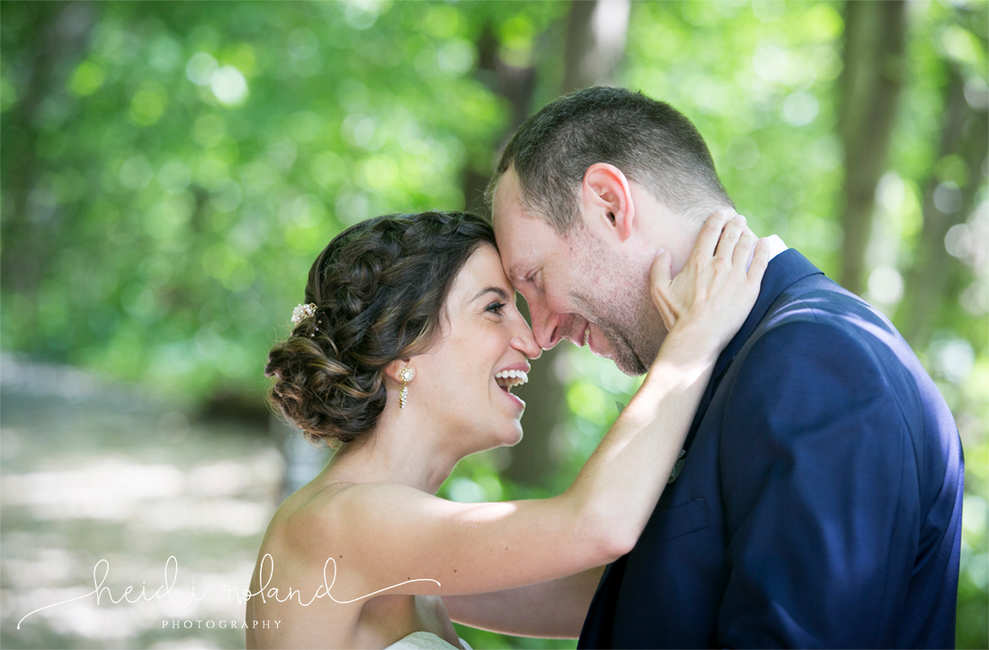 Valley Green Inn Wedding, bride and groom laughing in the woods summer 