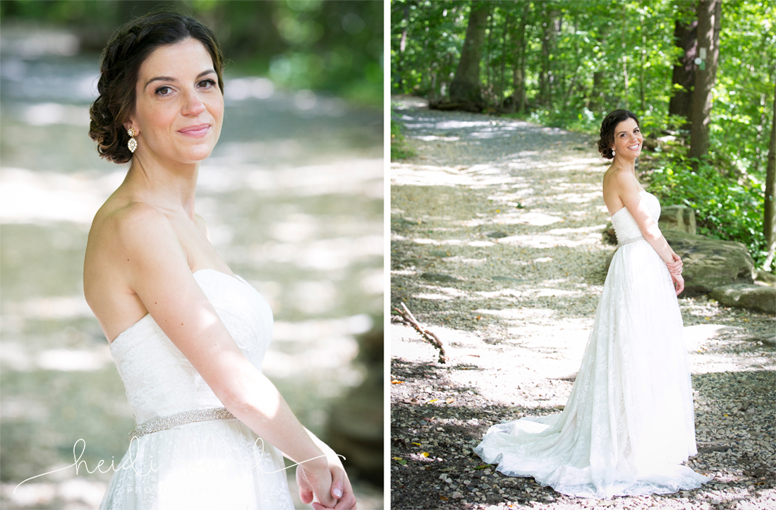 Valley Green Inn Wedding, Bride standing in sunlight in the wissahickon valley park Philadelphia PA