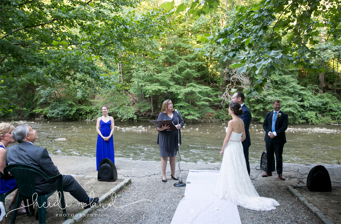 Valley Green Inn Wedding, outside ceremony bride and groom by river wissahickon valley park Philadelphia PA