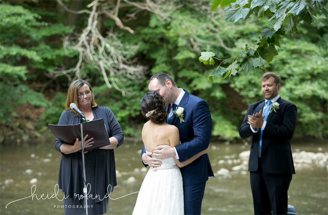 Valley Green Inn Wedding, first kiss outside ceremony by river wissahickon valley park Philadelphia PA