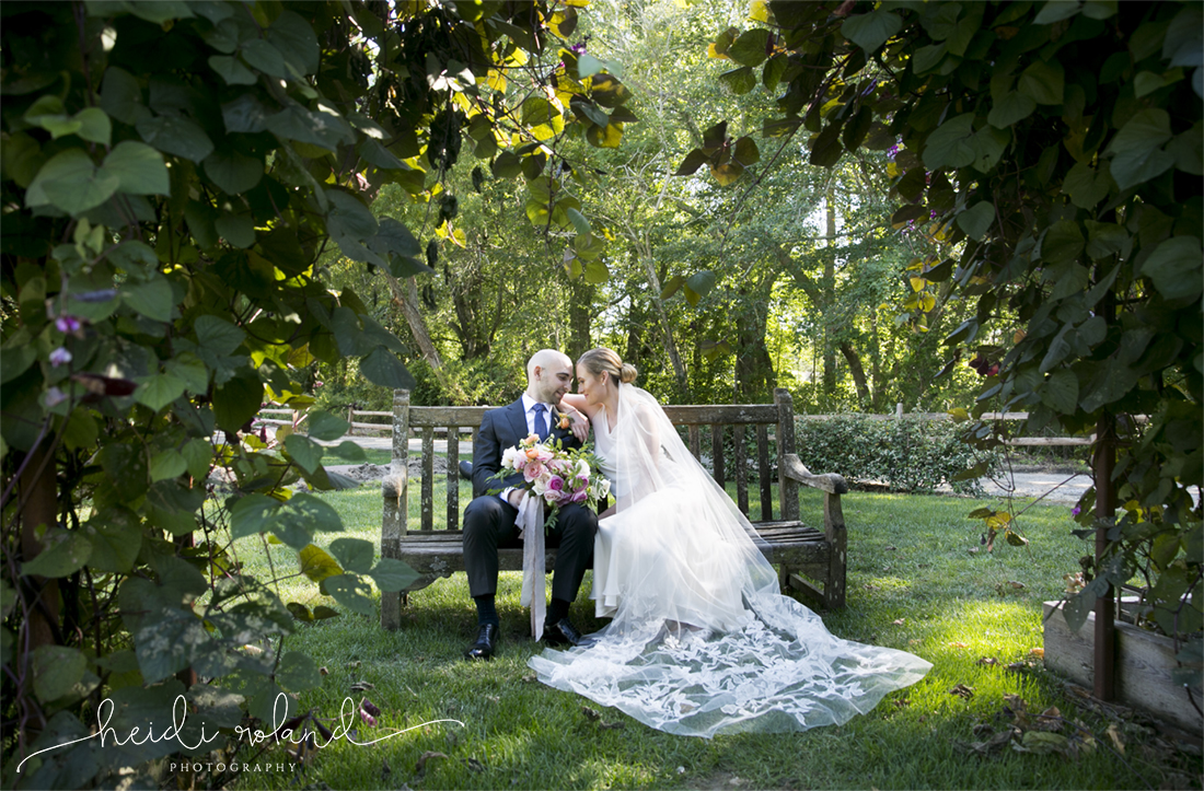 Willow Creek Winery Wedding, beach plum farm bride and groom portraits on bench