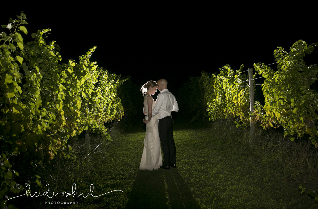Willow Creek Winery Wedding vineyard night shot bride and groom