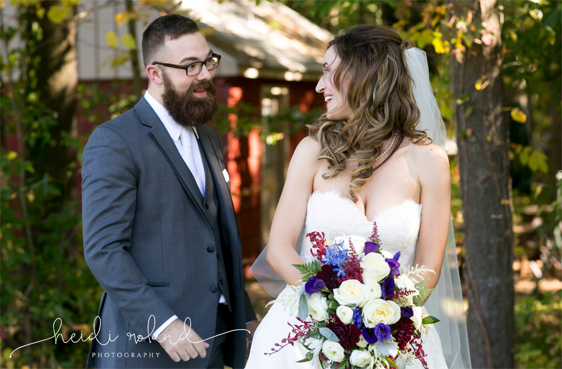 rustic barn wedding, Memorytown USA, Floral Boutique wedding bouquet, first look bride and groom