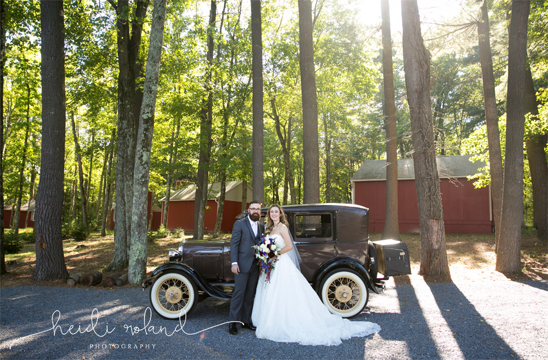 rustic barn wedding, Memorytown USA, bride and groom with vintage car