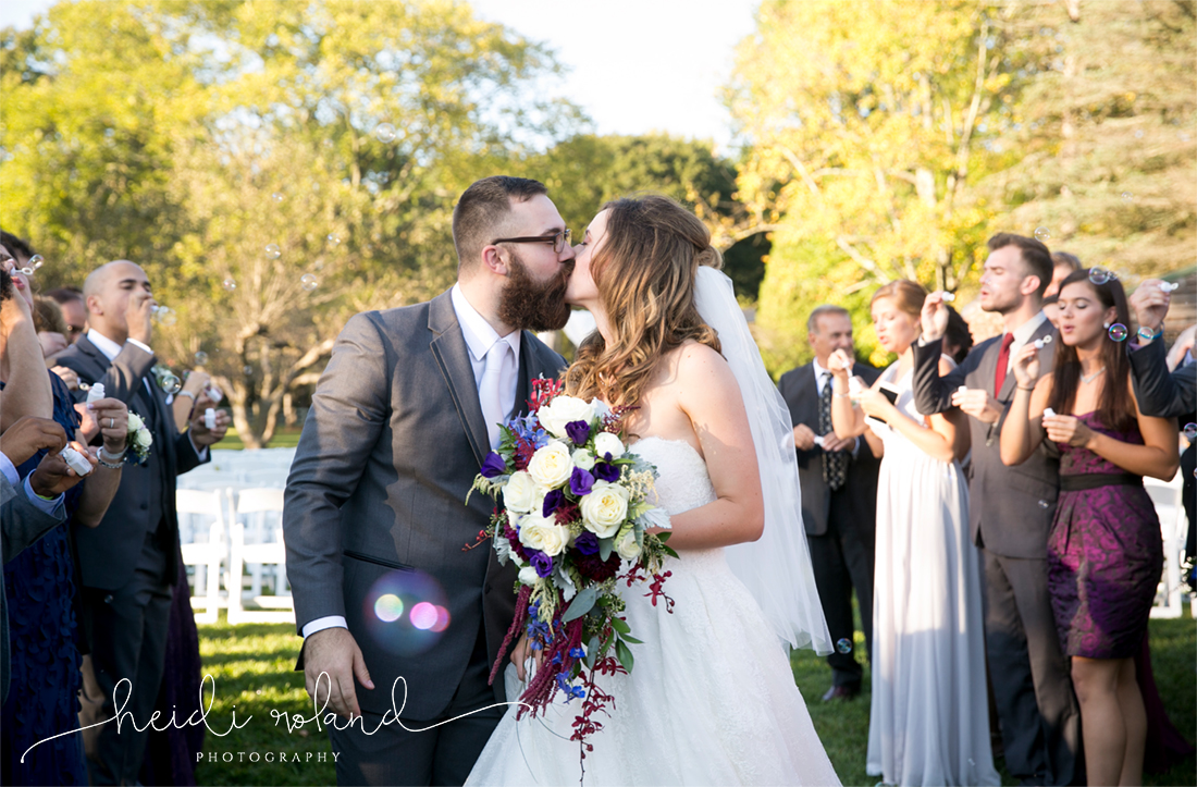 rustic barn wedding, Memorytown USA, bride and groom bubble exit
