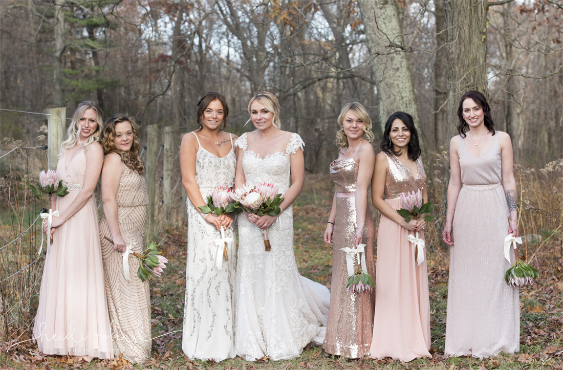 Heidi Roland Photography, Rustic Fall Wedding, bridal party mix matched blush and sparkles