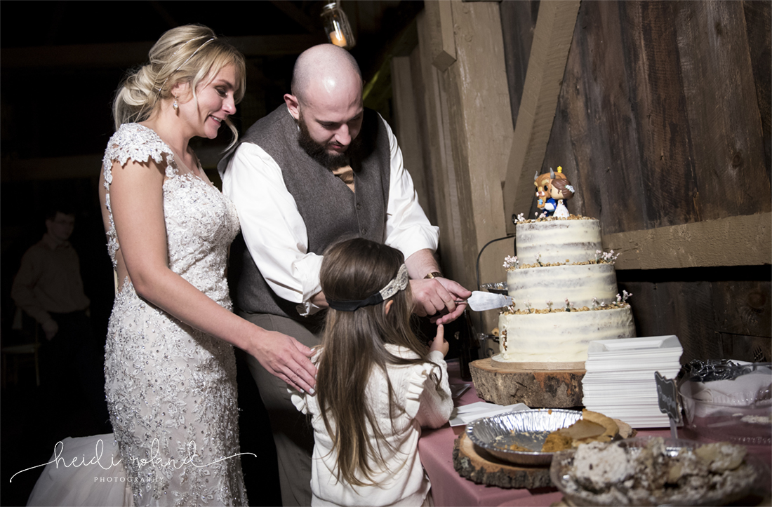 Heidi Roland Photography, Rustic Fall Wedding, cake cutting in barn