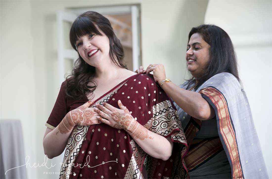 Interfaith wedding Pomme, bride getting in her sari
