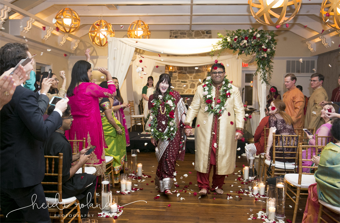 interfaith wedding Pomme, Hindu ceremony mandap, bride and groom rose petal exit