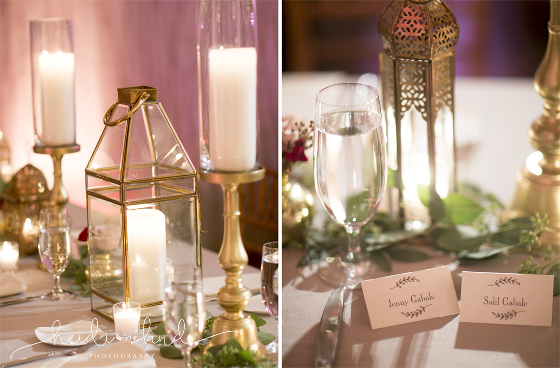 interfaith wedding Pomme, reception room details, lantern centerpieces 