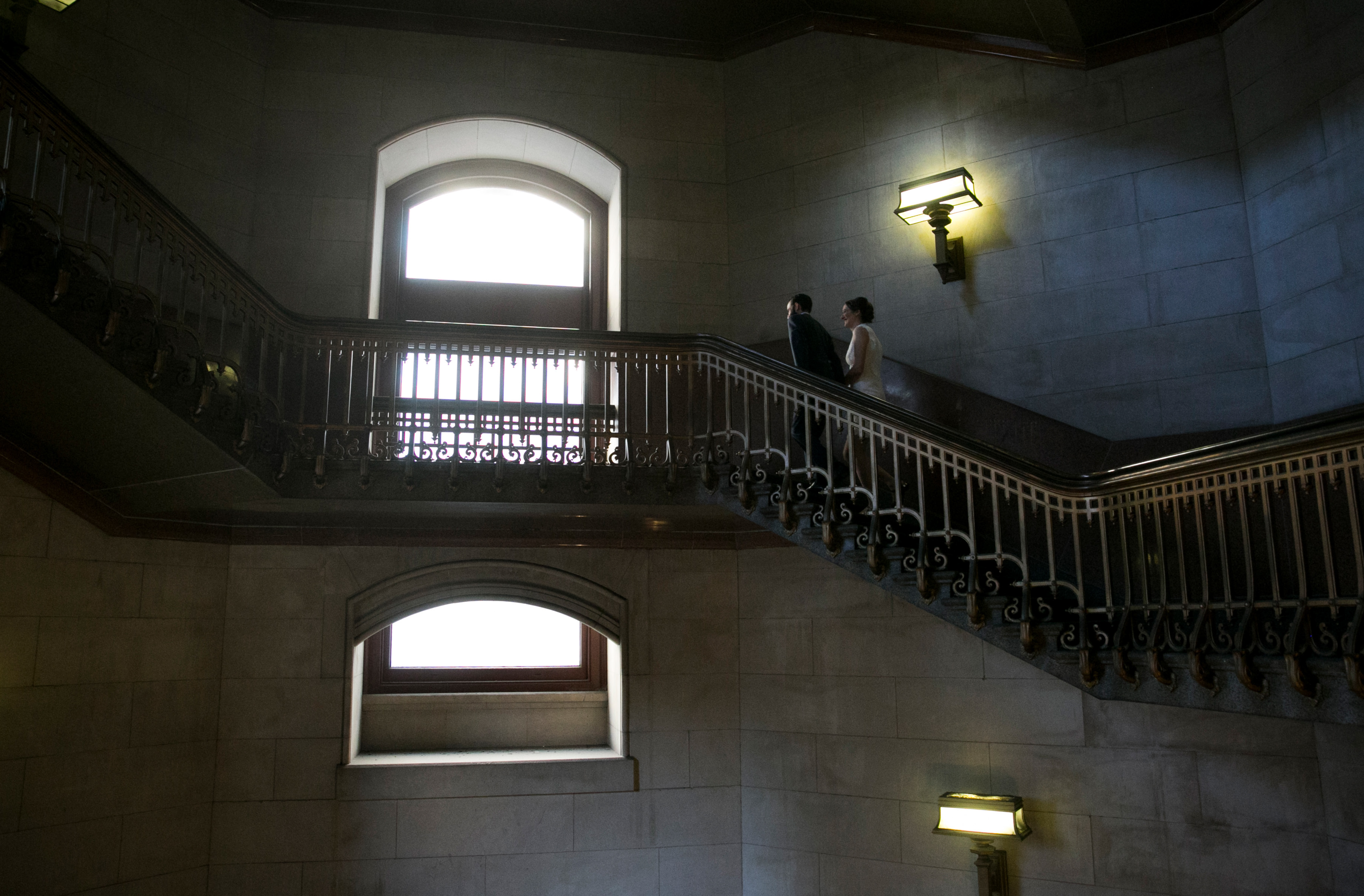 Philadelphia City Hall Elopement, Conversation Hall wedding portraits, grand staircase
