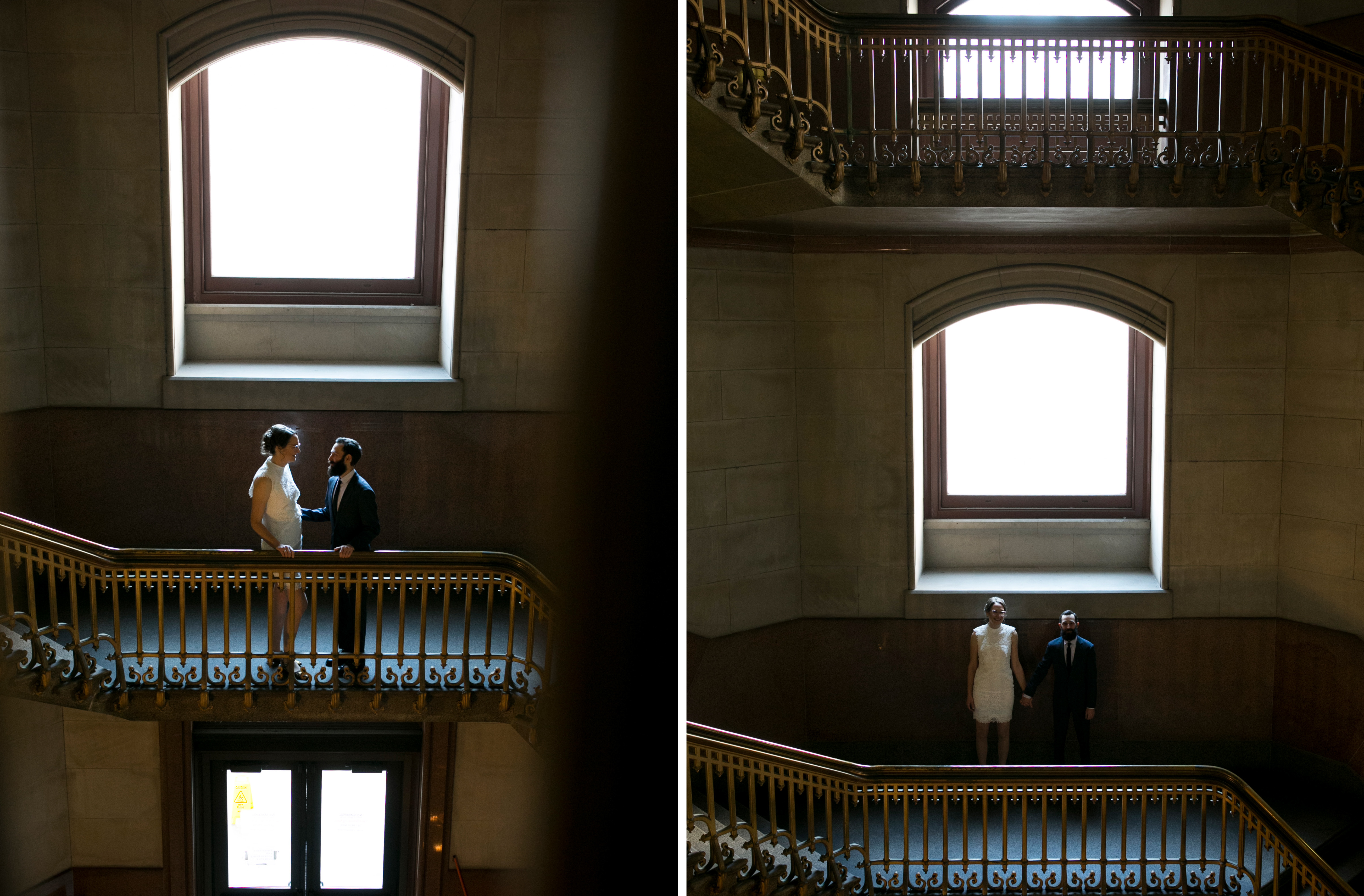 Philadelphia City Hall Elopement, Conversation Hall wedding portraits, grand staircase, window light