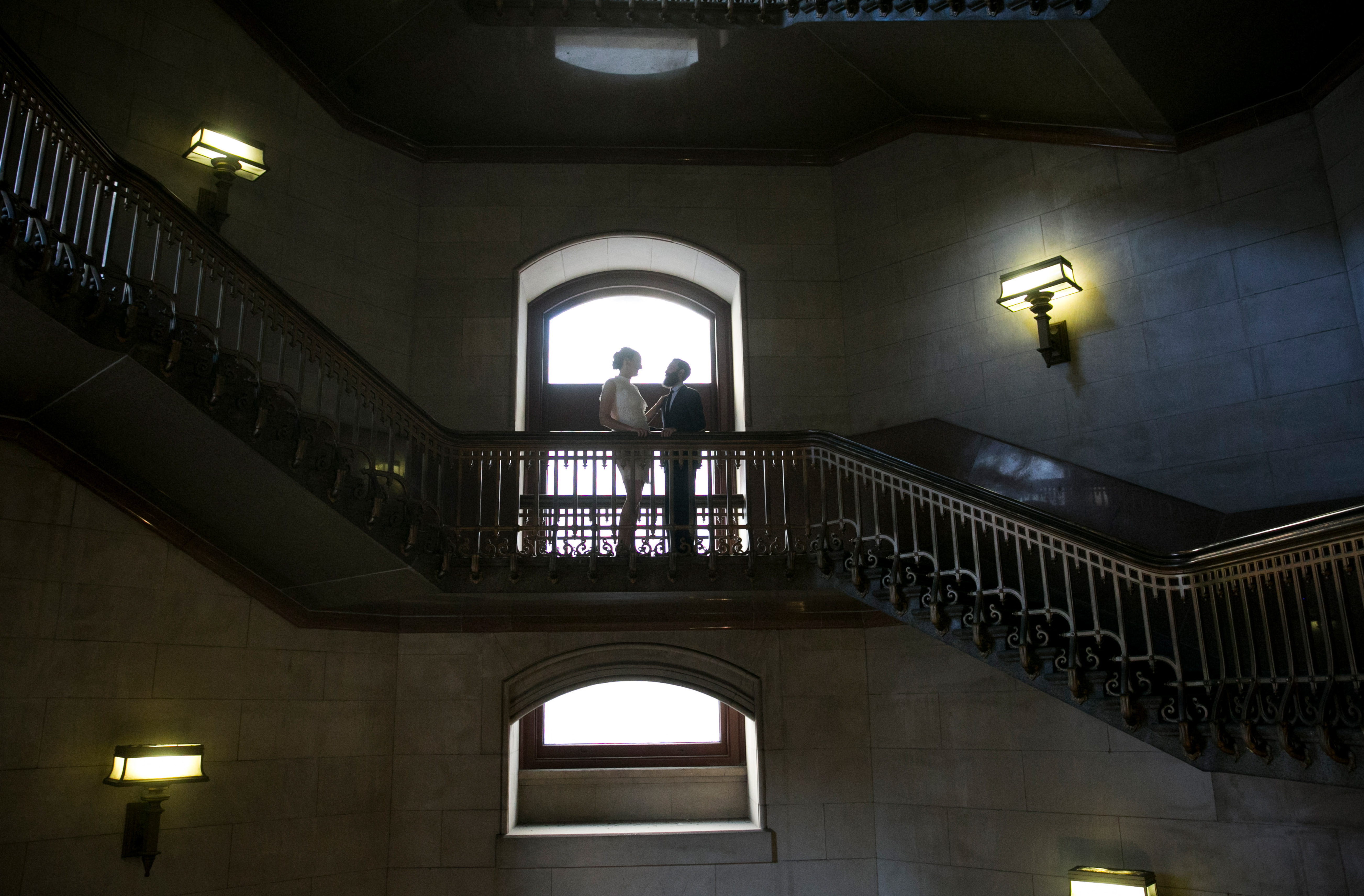 Philadelphia City Hall Elopement, Conversation Hall wedding portraits, grand staircase, backlight