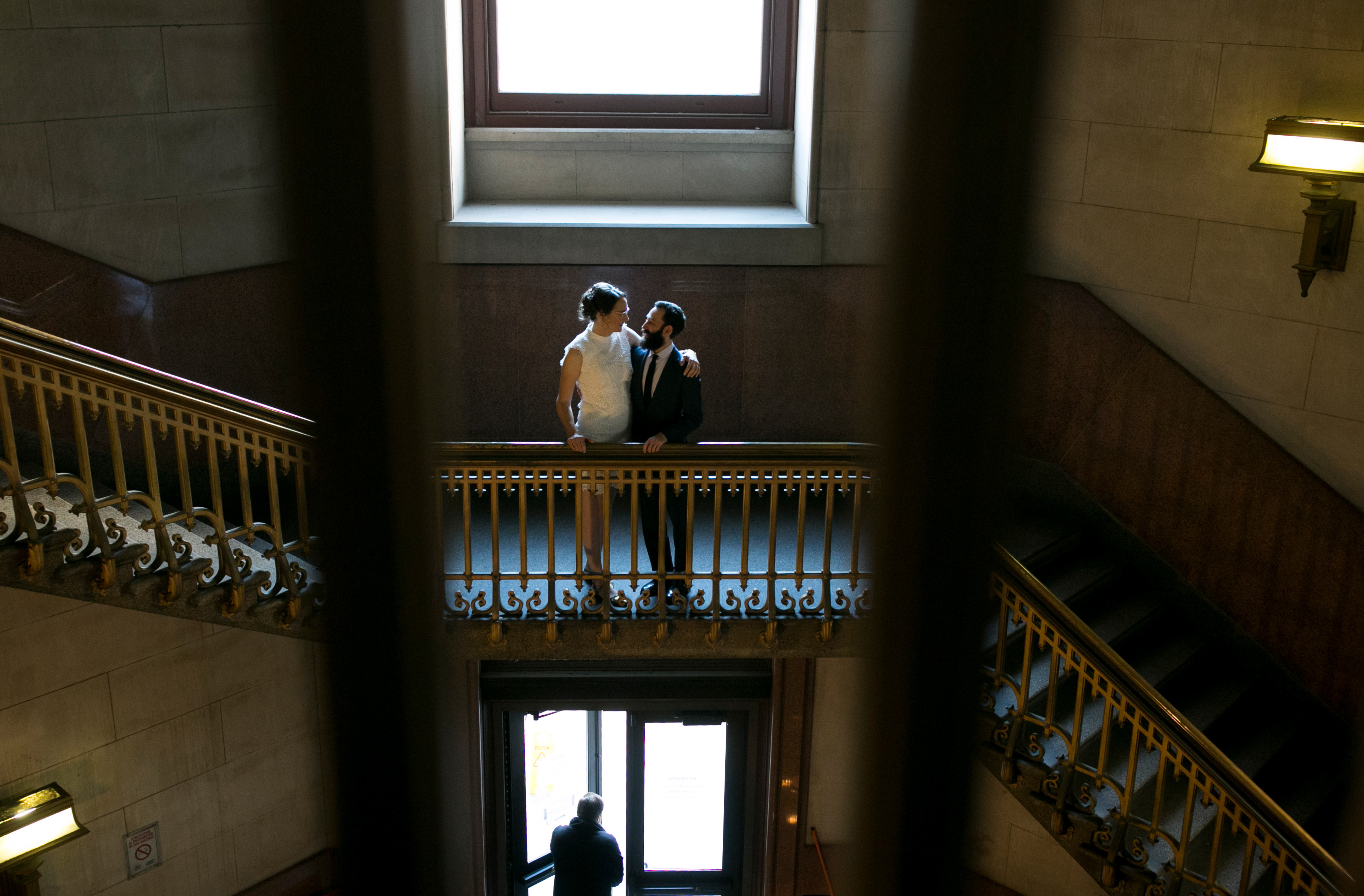 Philadelphia City Hall Elopement, Conversation Hall wedding portraits, grand staircase, window light