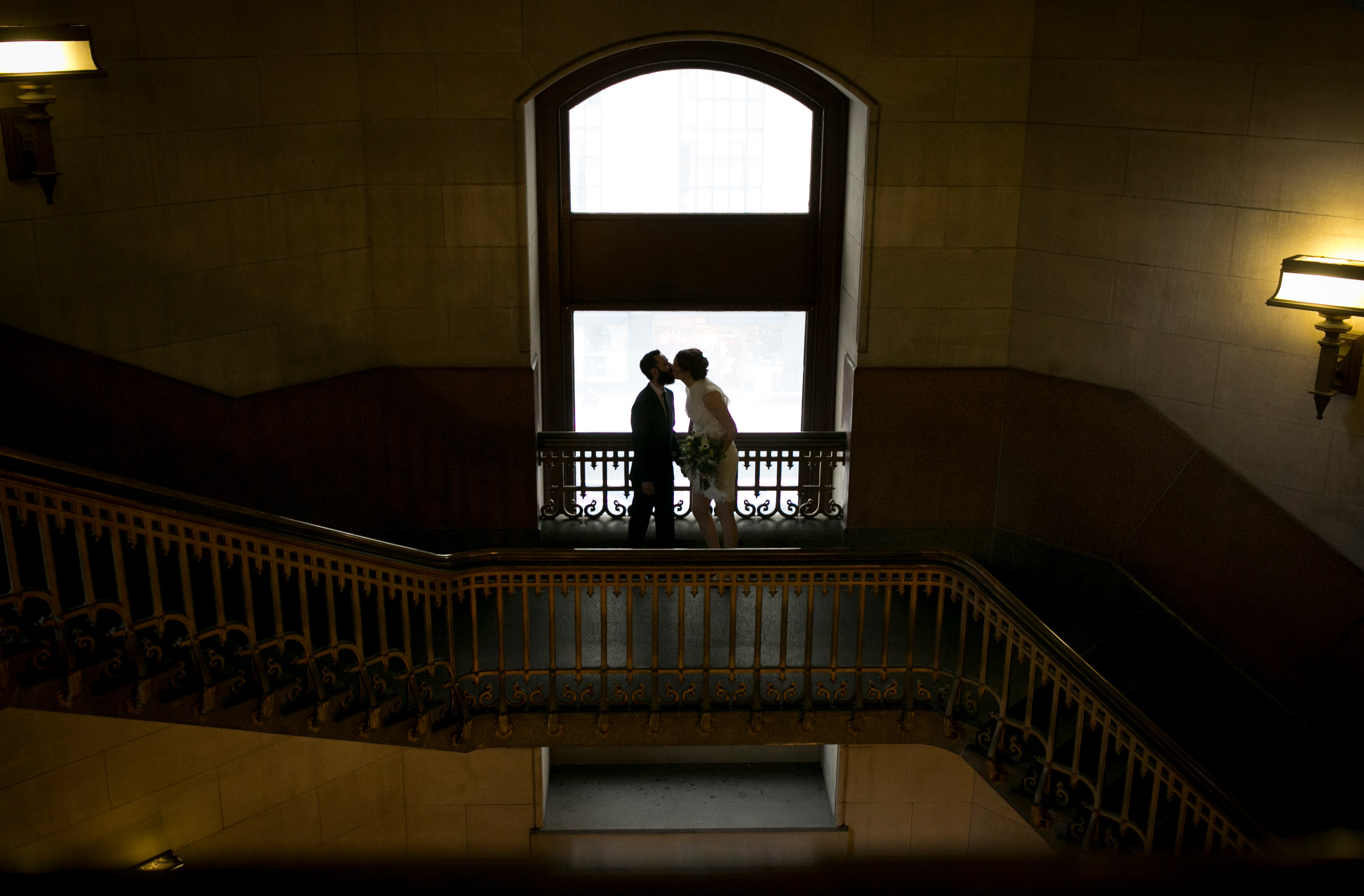 Philadelphia City Hall Elopement, staircase, silhouette