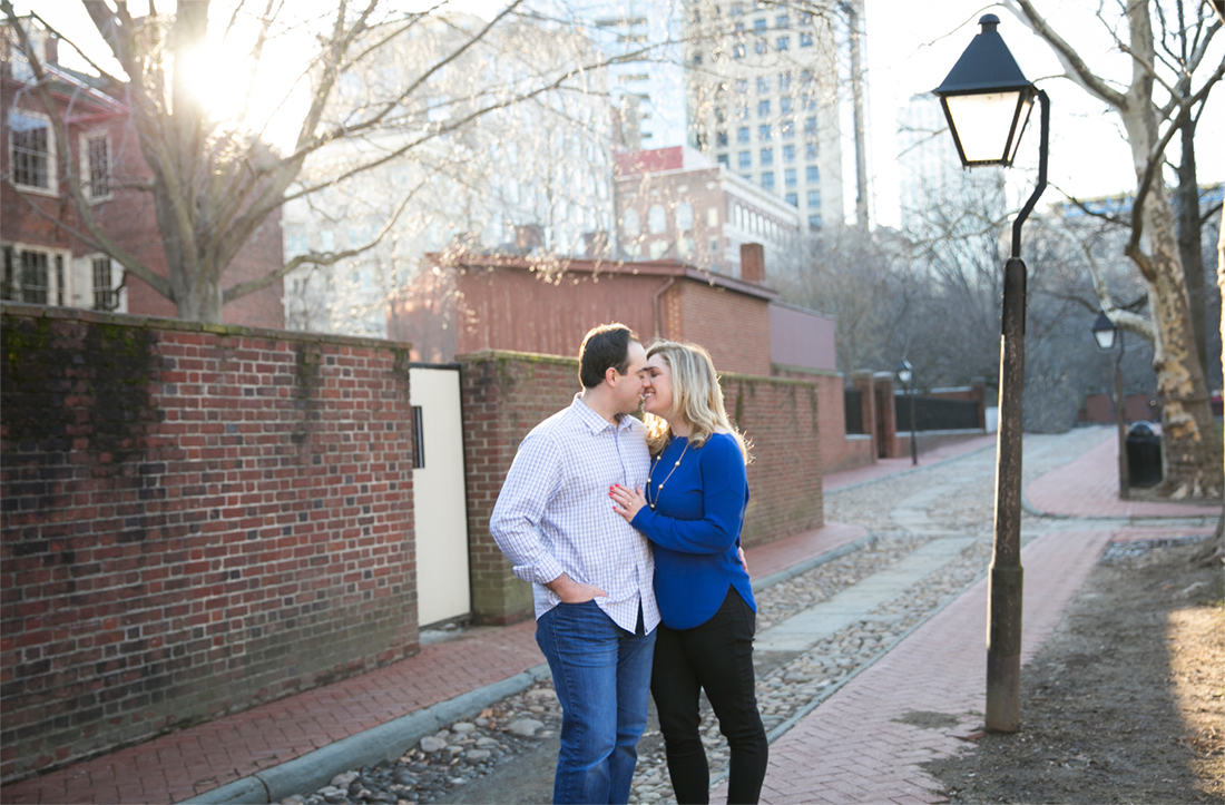 winter engagement session Old City Philadelphia, couple kissing