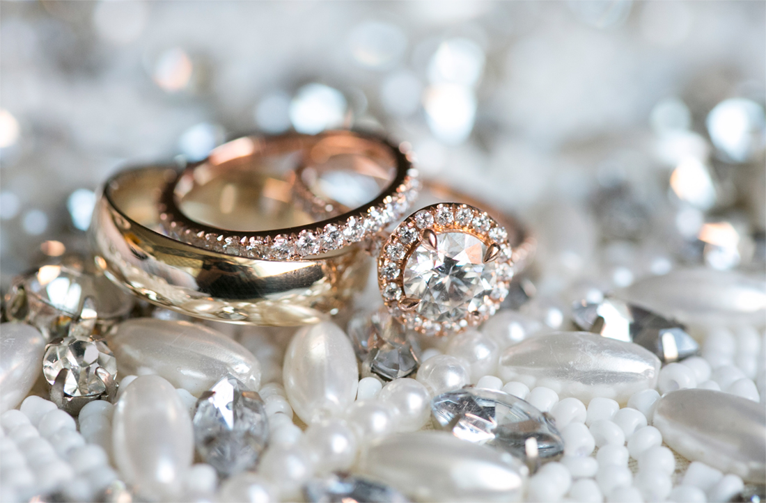 Cescaphe Ballroom, wedding rings, beaded bridal clutch