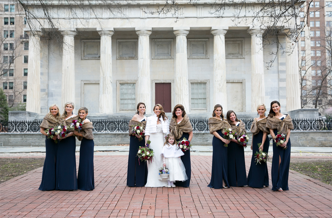 Cescaphe Ballroom winter wedding, bridesmaids group portraits, second bank of US, Philadelphia PA