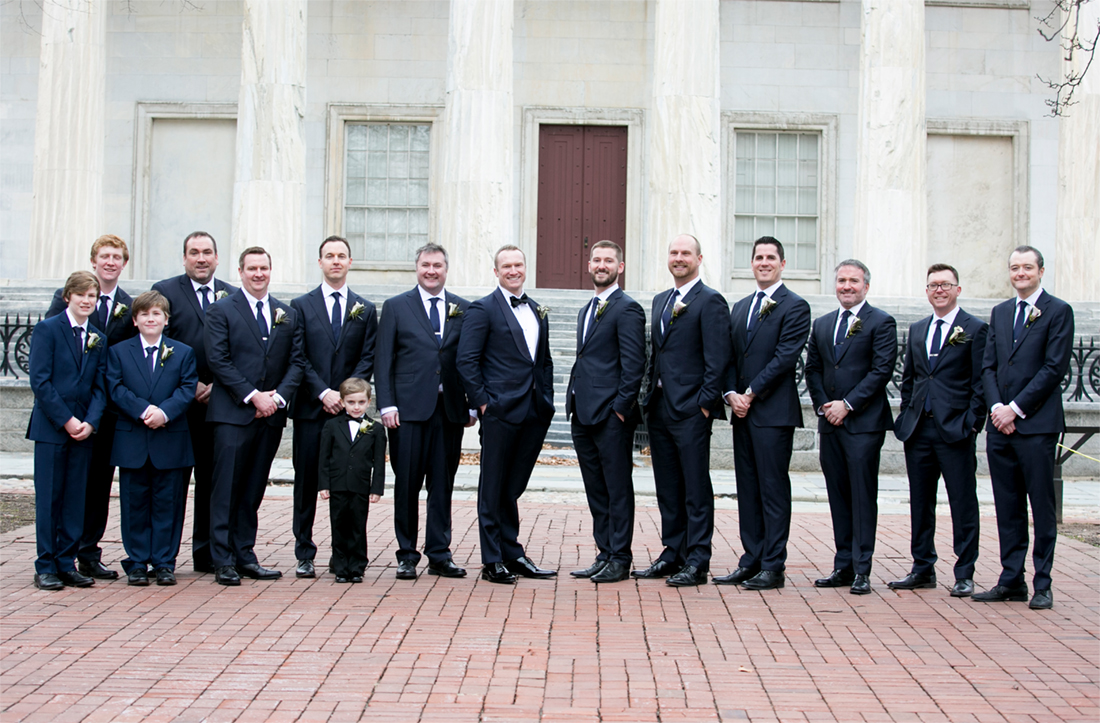 Cescaphe Ballroom winter wedding, groomsmen group portraits, second bank of US, Philadelphia PA