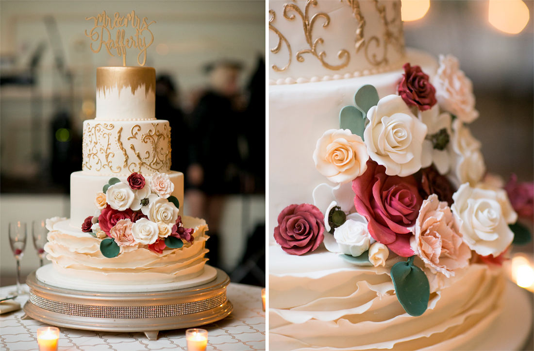 Cescaphe Ballroom Philadelphia wedding reception room, floral cake