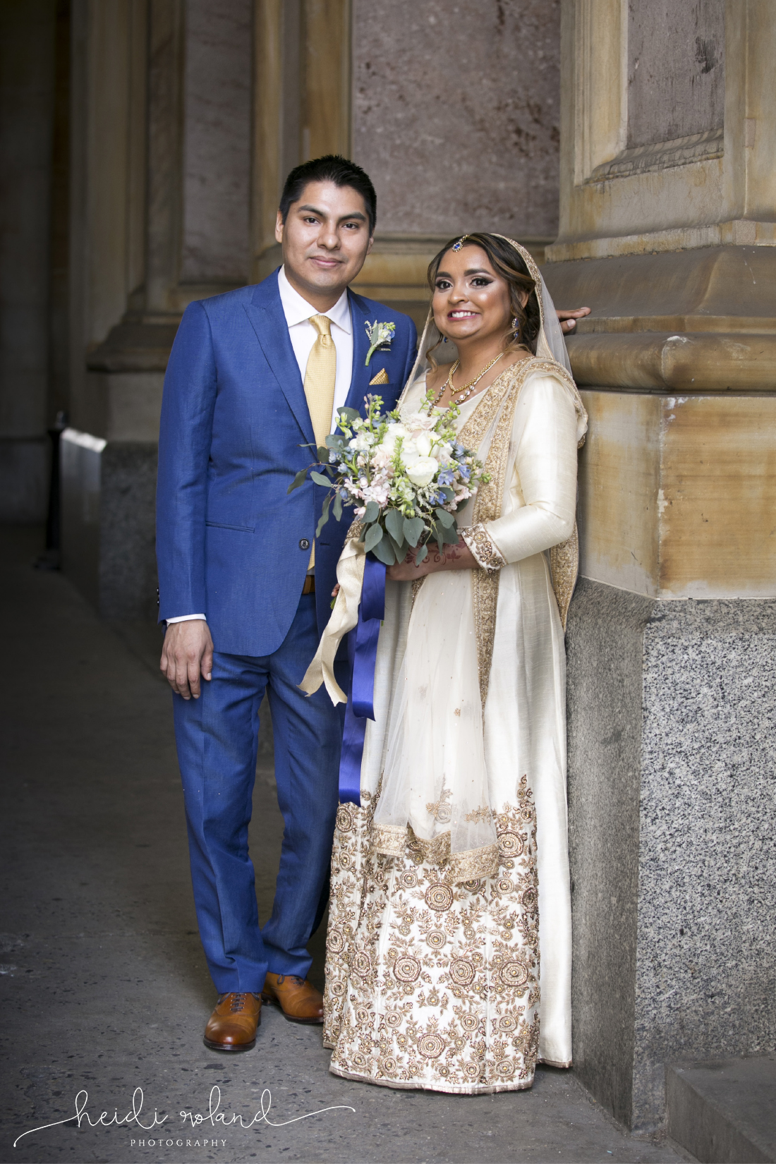 Philadelphia City Hall Indian interfaith Wedding, natural light bride and groom portraits, blue suit, cream dress