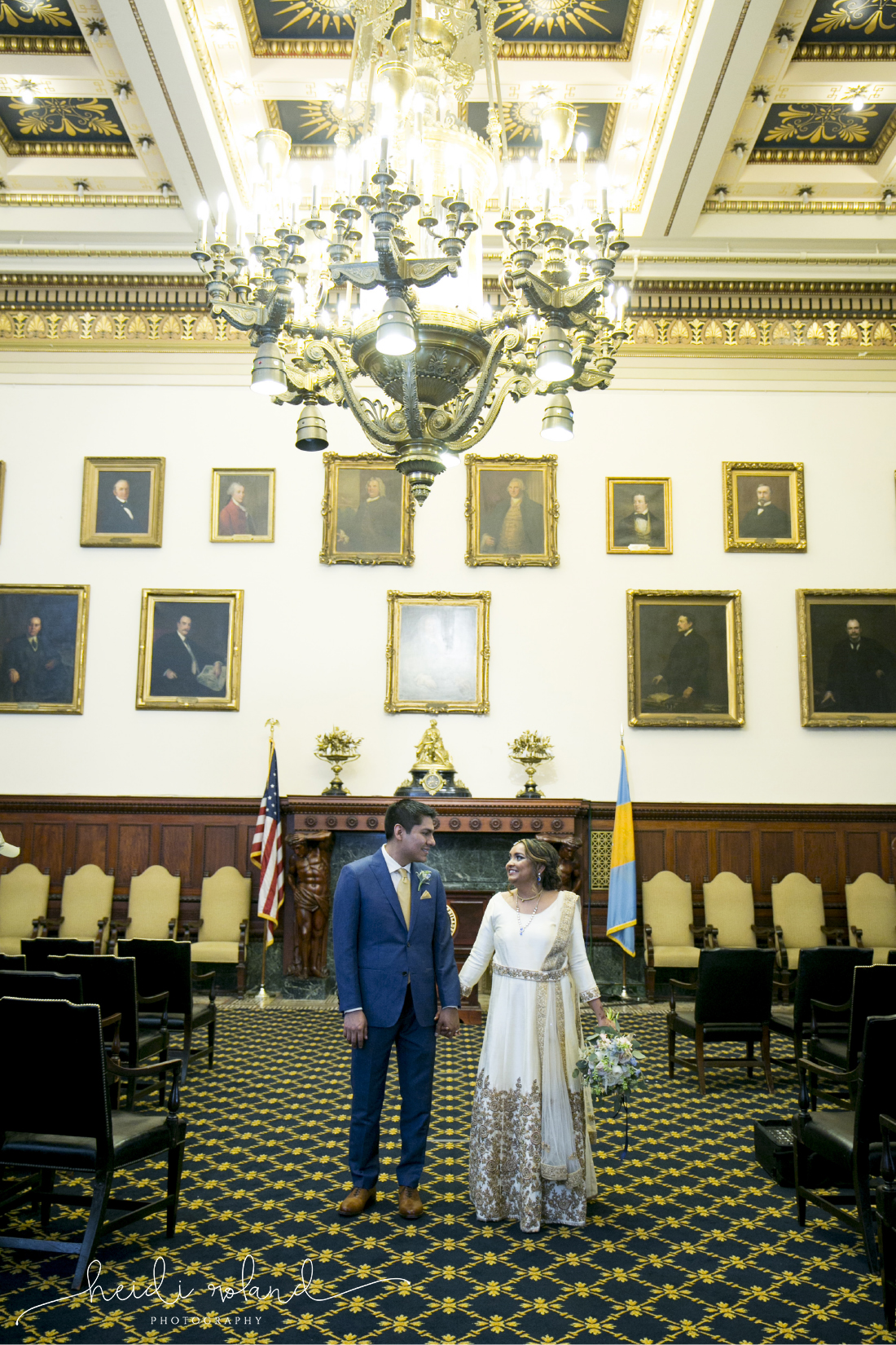 Philadelphia City Hall Indian interfaith Wedding, bride and groom portraits, mayor's reception room