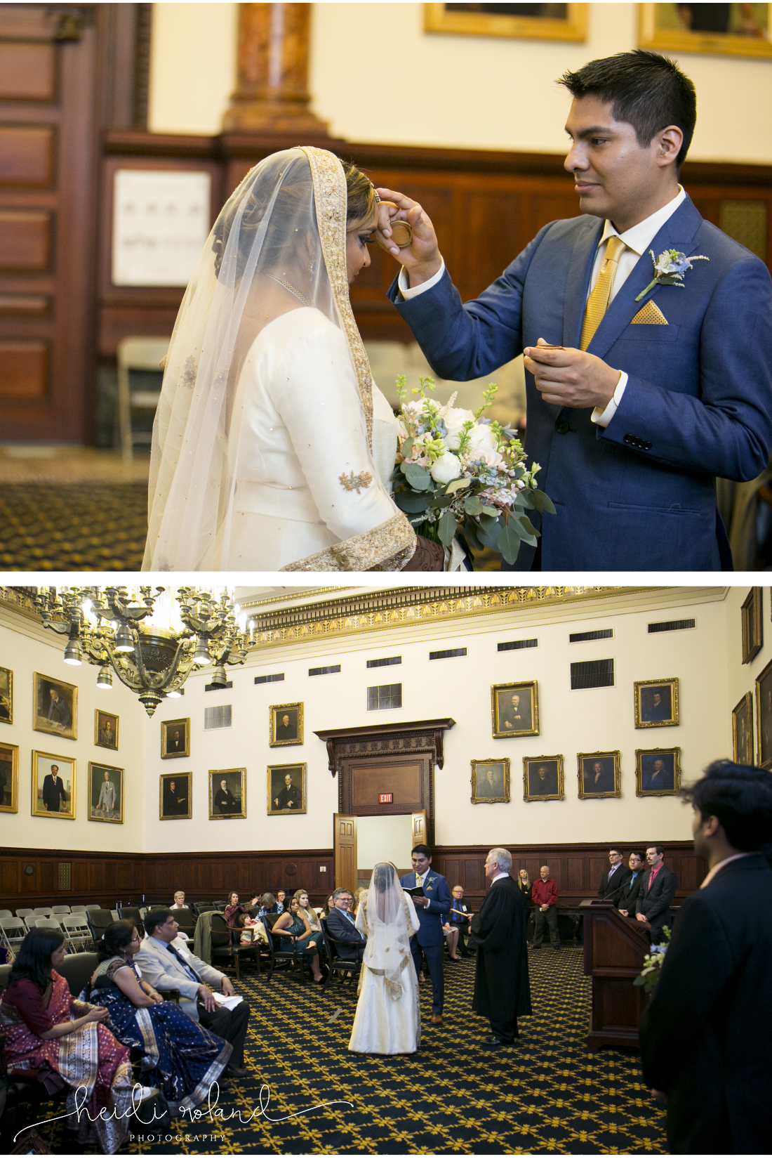 Philadelphia City Hall Indian interfaith Wedding, bride and groom portraits, mayor's reception room, ceremony 