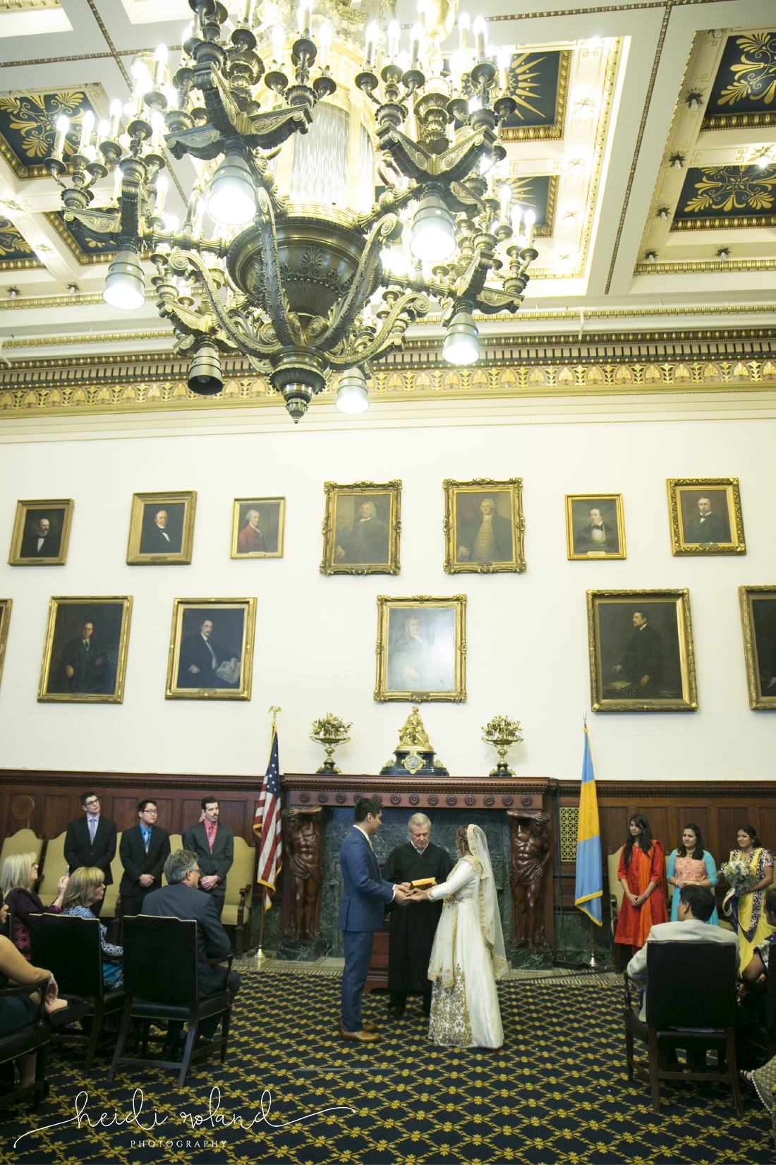 Philadelphia City Hall Indian interfaith Wedding, bride and groom portraits, mayor's reception room exchange of vows
