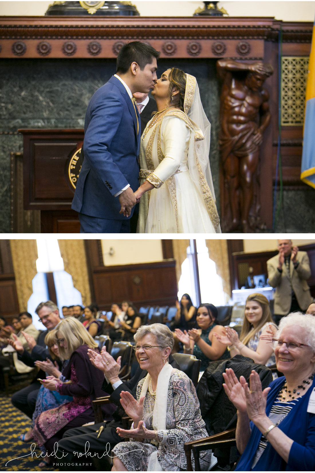 Philadelphia City Hall Indian interfaith Wedding, mayor's reception room ceremony, first kiss