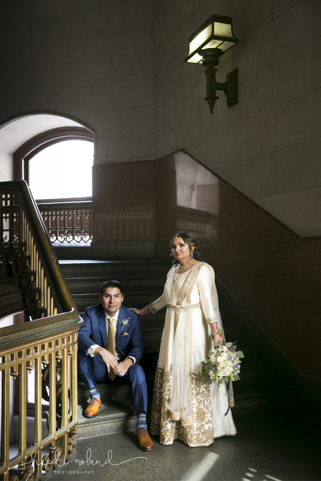 Philadelphia City Hall Indian interfaith Wedding, bride and groom portraits, grand staircase 