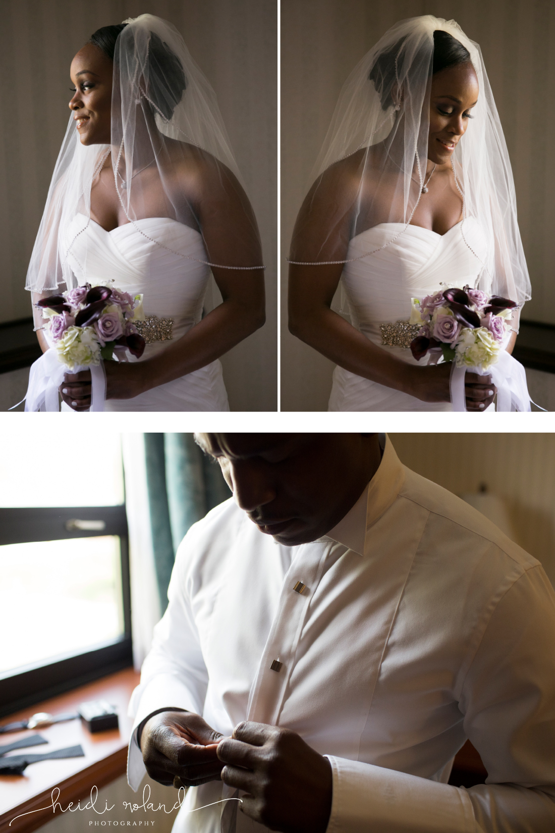 bride with veil, groom buttoning shirt