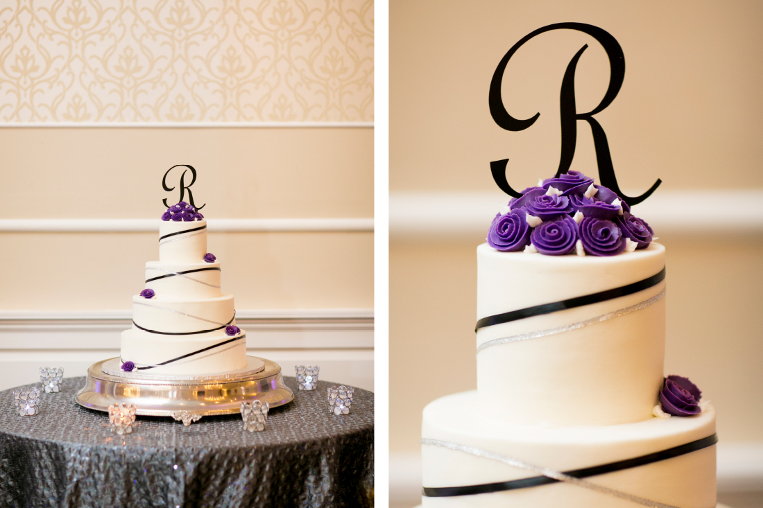 wedding cake with purple flowers and custom topper