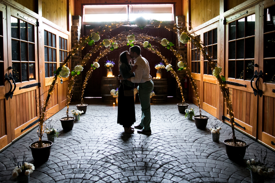 Grace Winery barn Proposal, DIY flower arch, Heidi Roland Wedding Photography
