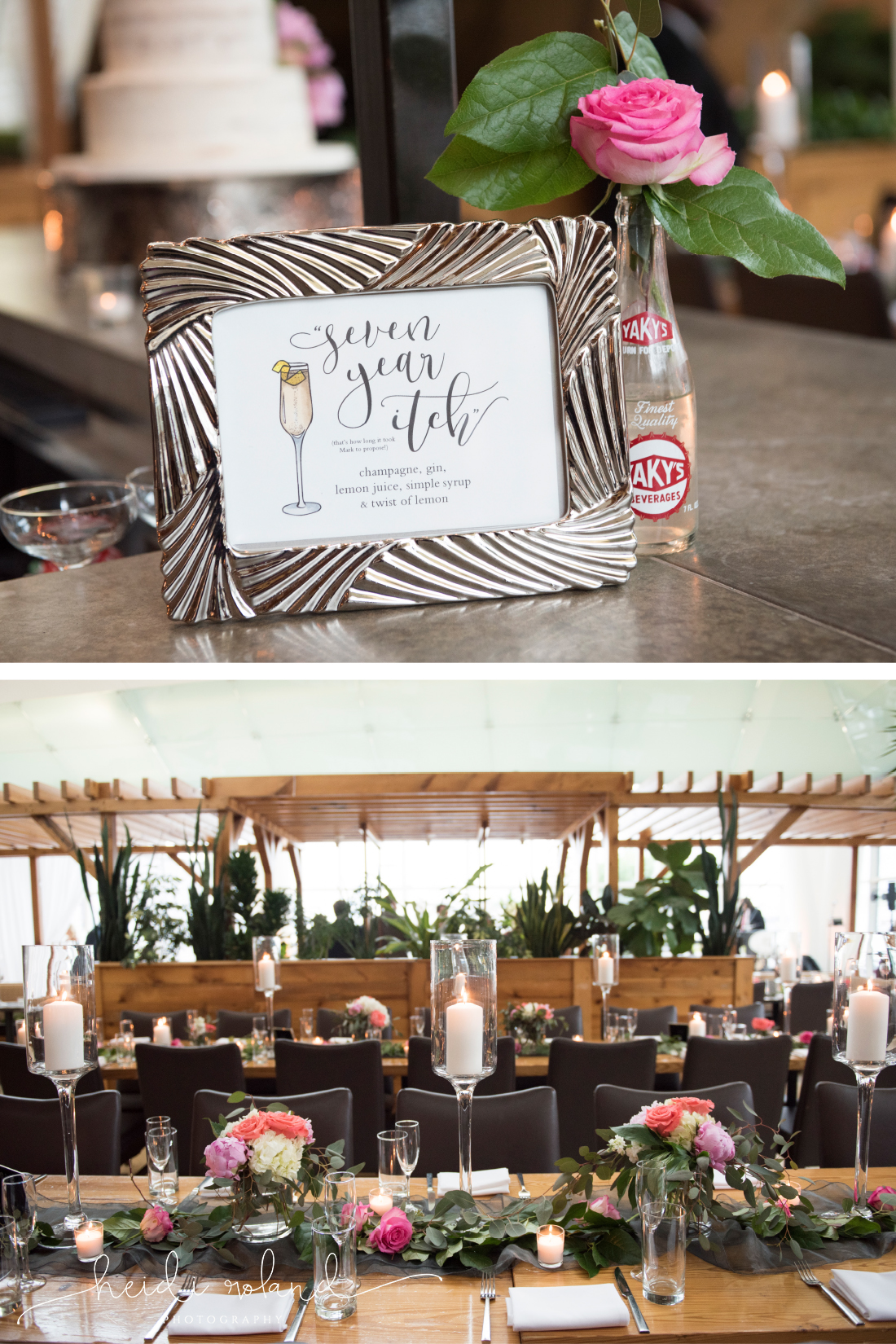specialty cocktail sign, wedding reception tablescape floral table garland