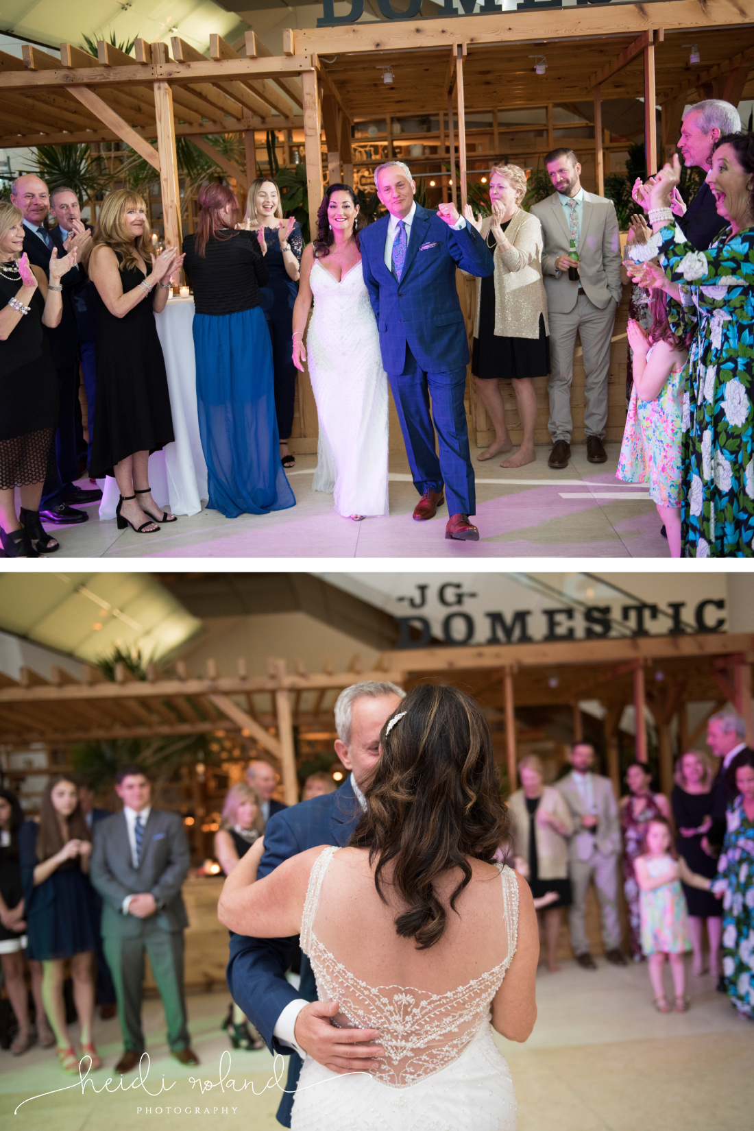 bride and groom announced into modern reception, first dance